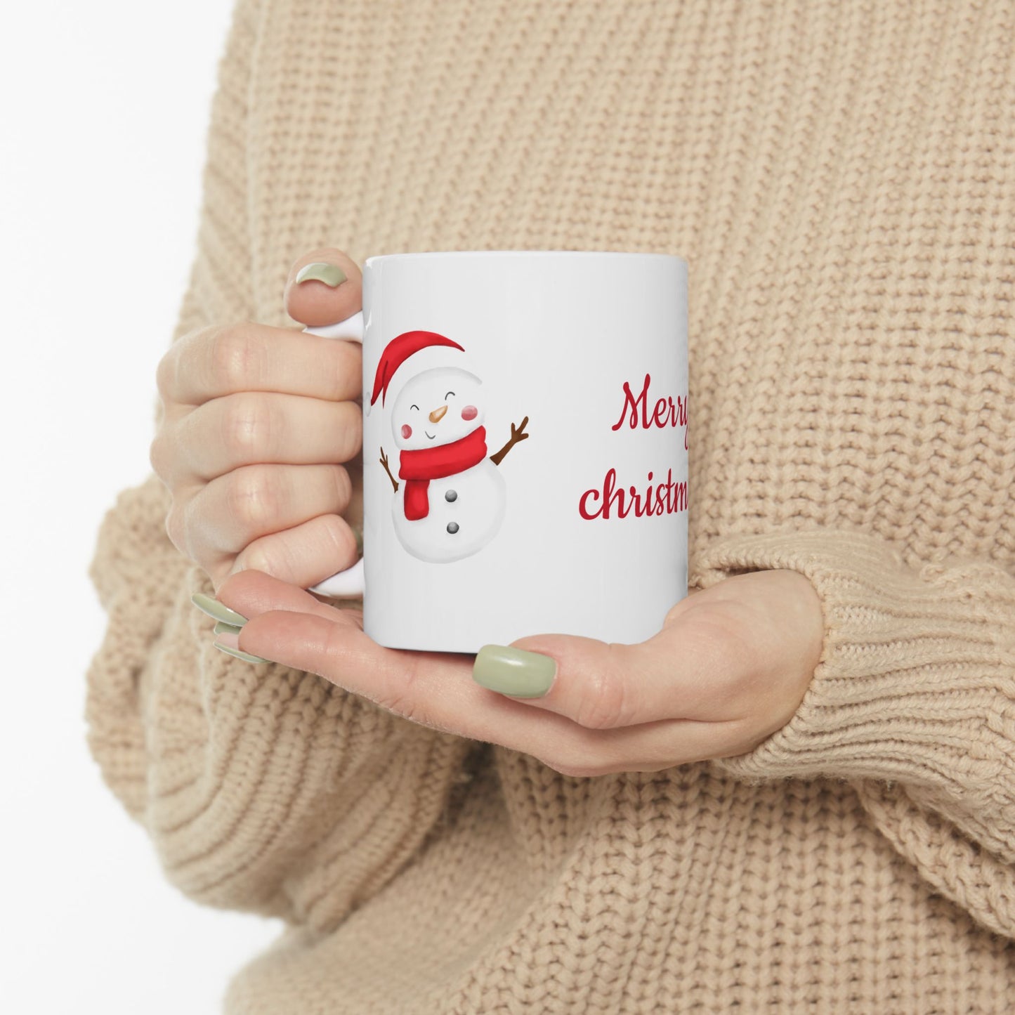 Festive Christmas Coffee Mugs Set - Ceramic Holiday Cups with Snowman & "Merry Christmas" Design - 11oz
