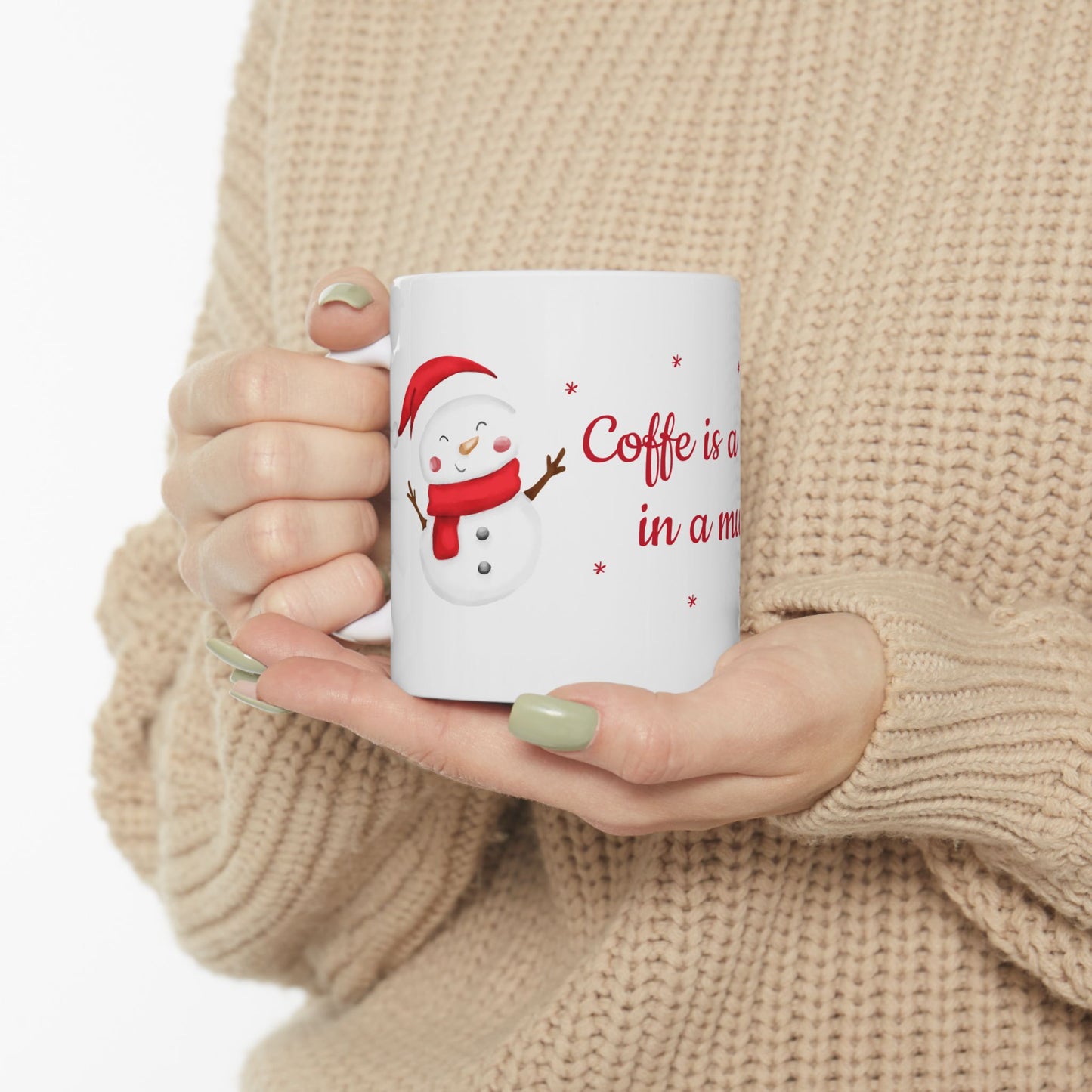 "Coffee is a Hug in a Mug" Christmas Coffee Mug - Ceramic Holiday Cup with Snowman Design