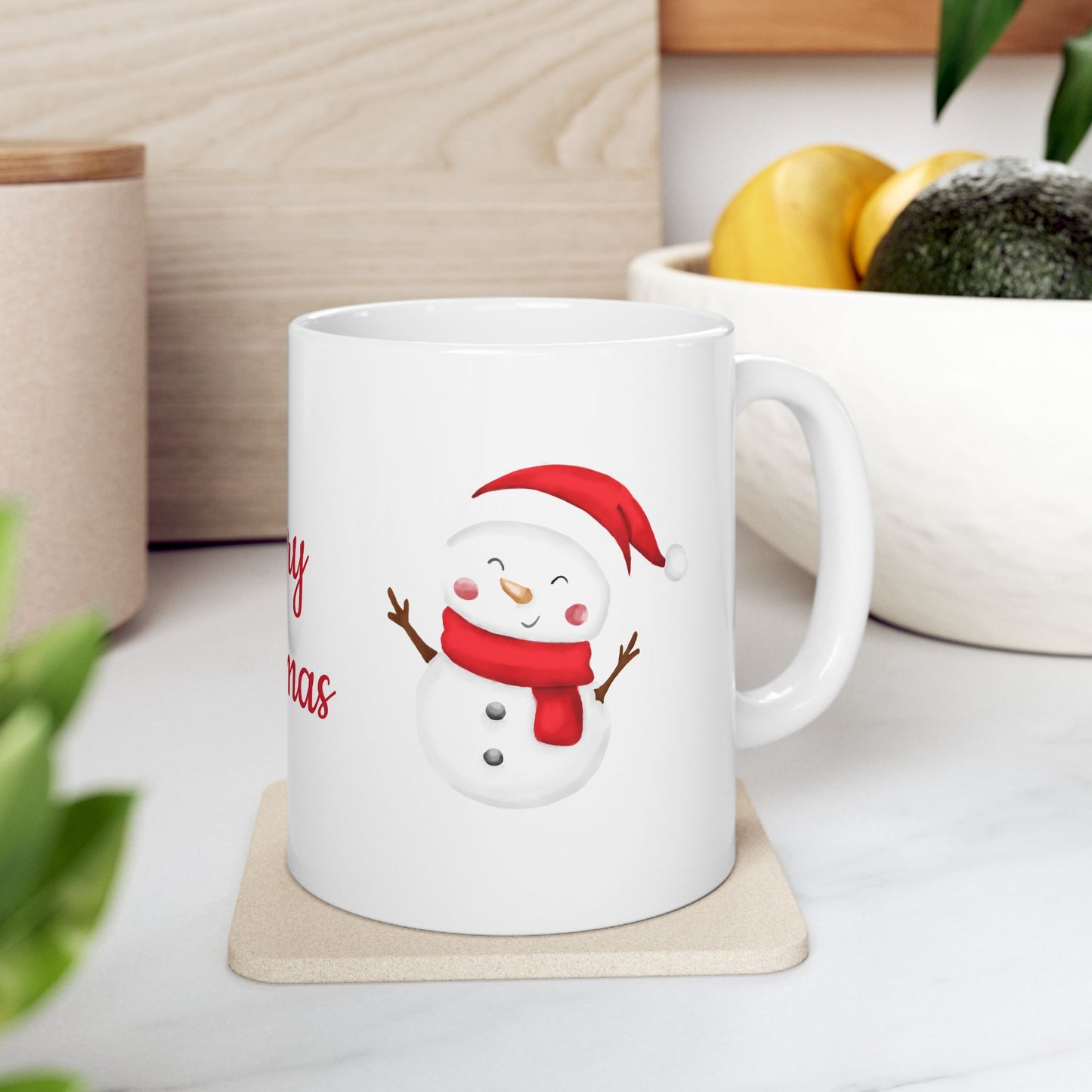Festive Christmas Coffee Mugs Set - Ceramic Holiday Cups with Snowman & "Merry Christmas" Design - 11oz