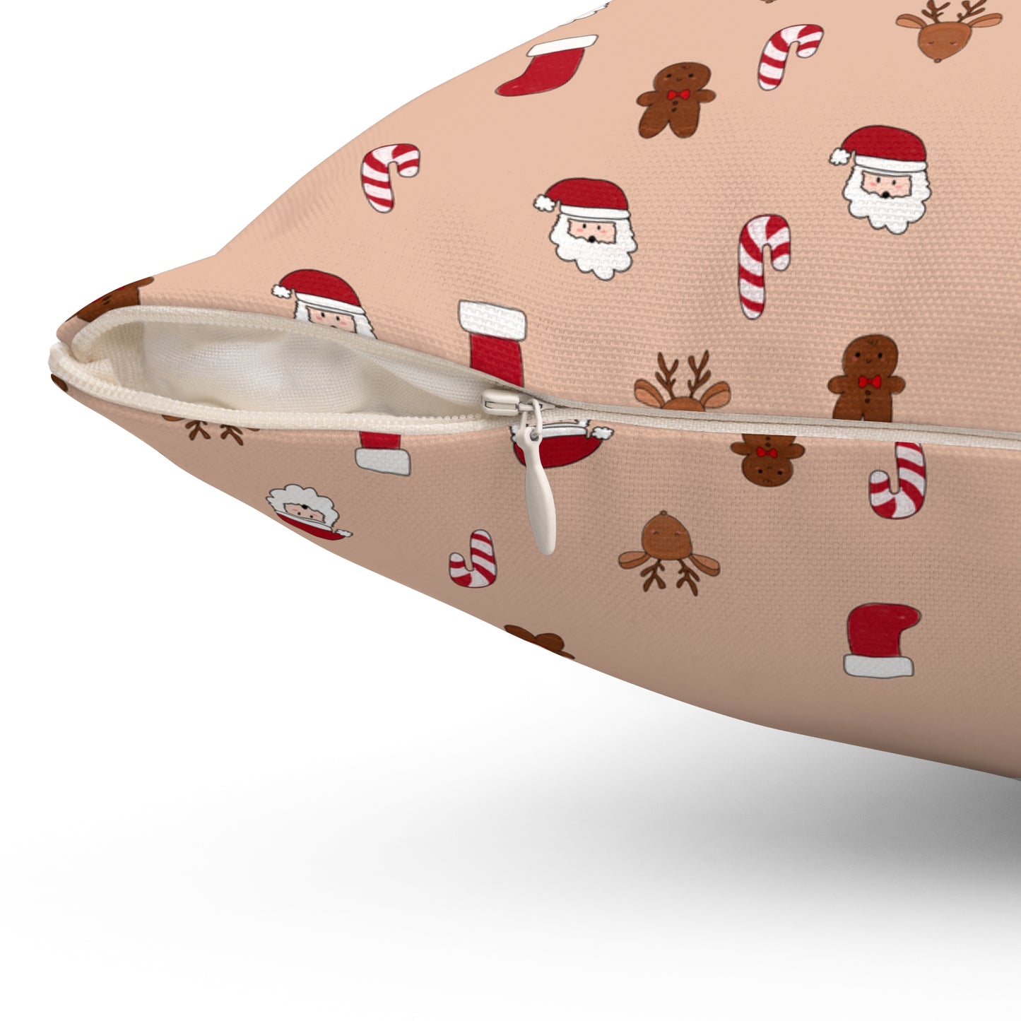Christmas Throw Pillow - Holiday Pattern Square Cushion with Santa & Gingerbread Design - Beige Decorative Pillow