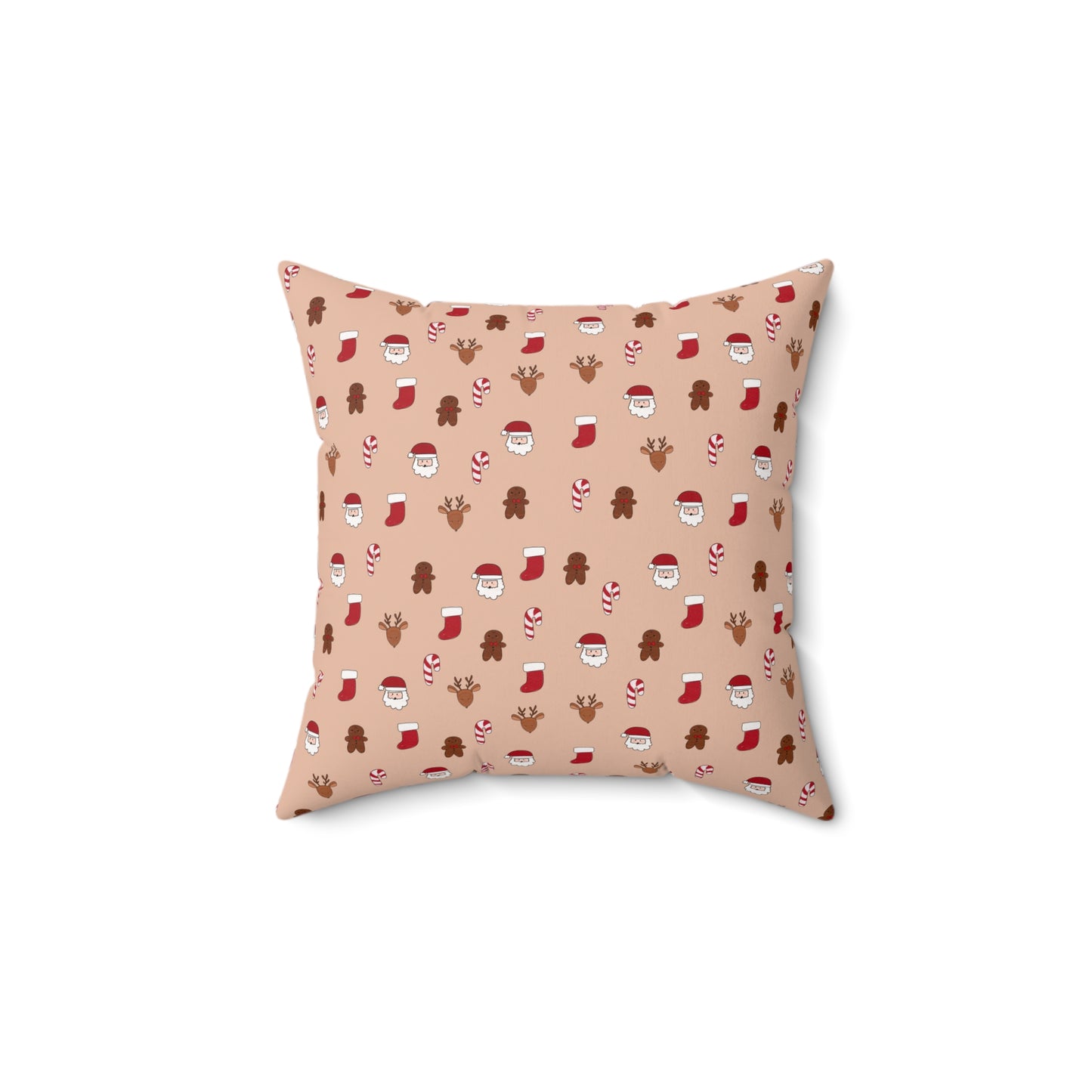 Christmas Throw Pillow - Holiday Pattern Square Cushion with Santa & Gingerbread Design - Beige Decorative Pillow