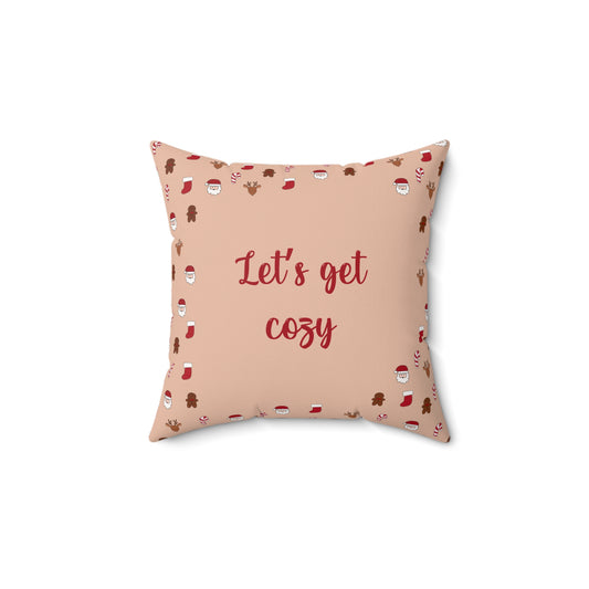 Christmas Throw Pillow - Holiday Pattern Square Cushion with Santa & Gingerbread Design - Beige Decorative Pillow