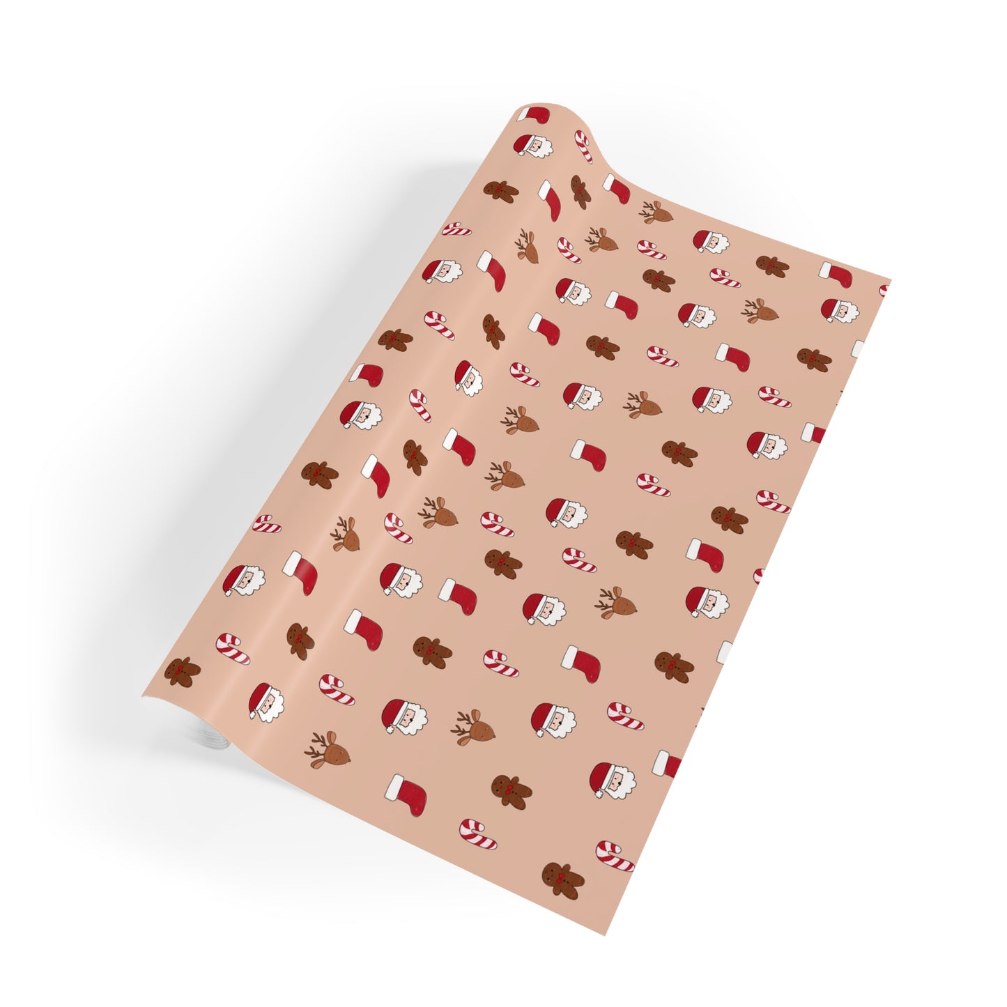 Title: Christmas Wrapping Paper Roll - Cute Holiday Pattern with Santa, Gingerbread & Candy Canes - Beige Background