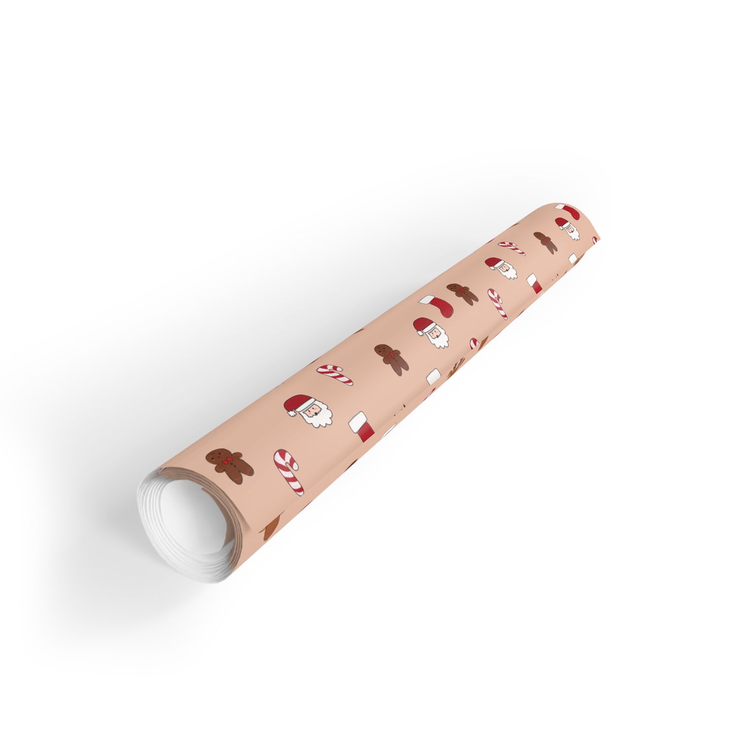 Title: Christmas Wrapping Paper Roll - Cute Holiday Pattern with Santa, Gingerbread & Candy Canes - Beige Background
