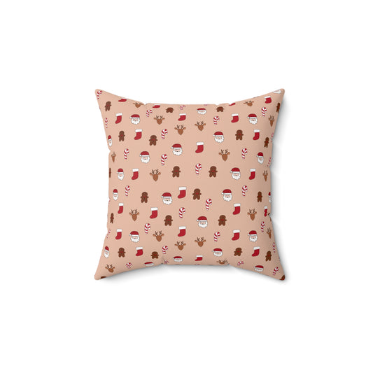 Christmas Throw Pillow - Holiday Pattern Square Cushion with Santa & Gingerbread Design - Beige Decorative Pillow