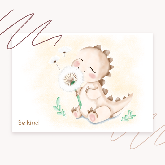 Dinosaur holding a flower with 'Be kind' text on a light background