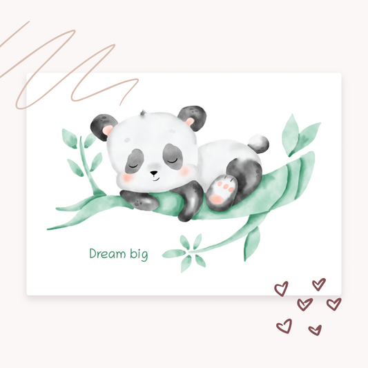 Cute panda bear illustration on a branch with leaves and 'Dream big' text on a light pink background.